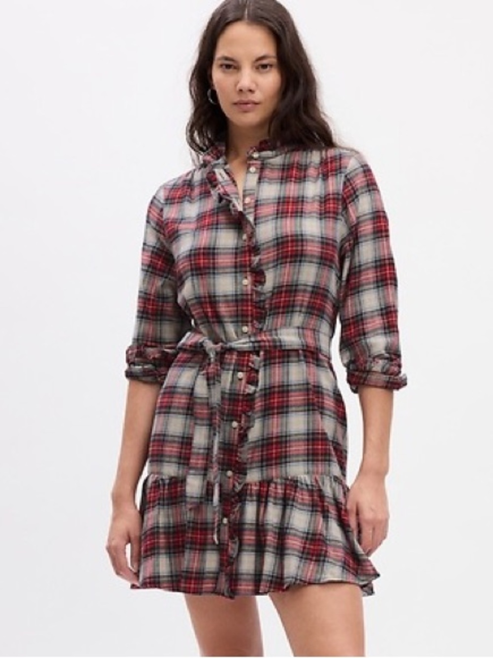 GAP Grunge Tartan Plaid Ruffle Button-Front Belted Ruffle Tunic Dress Size L
